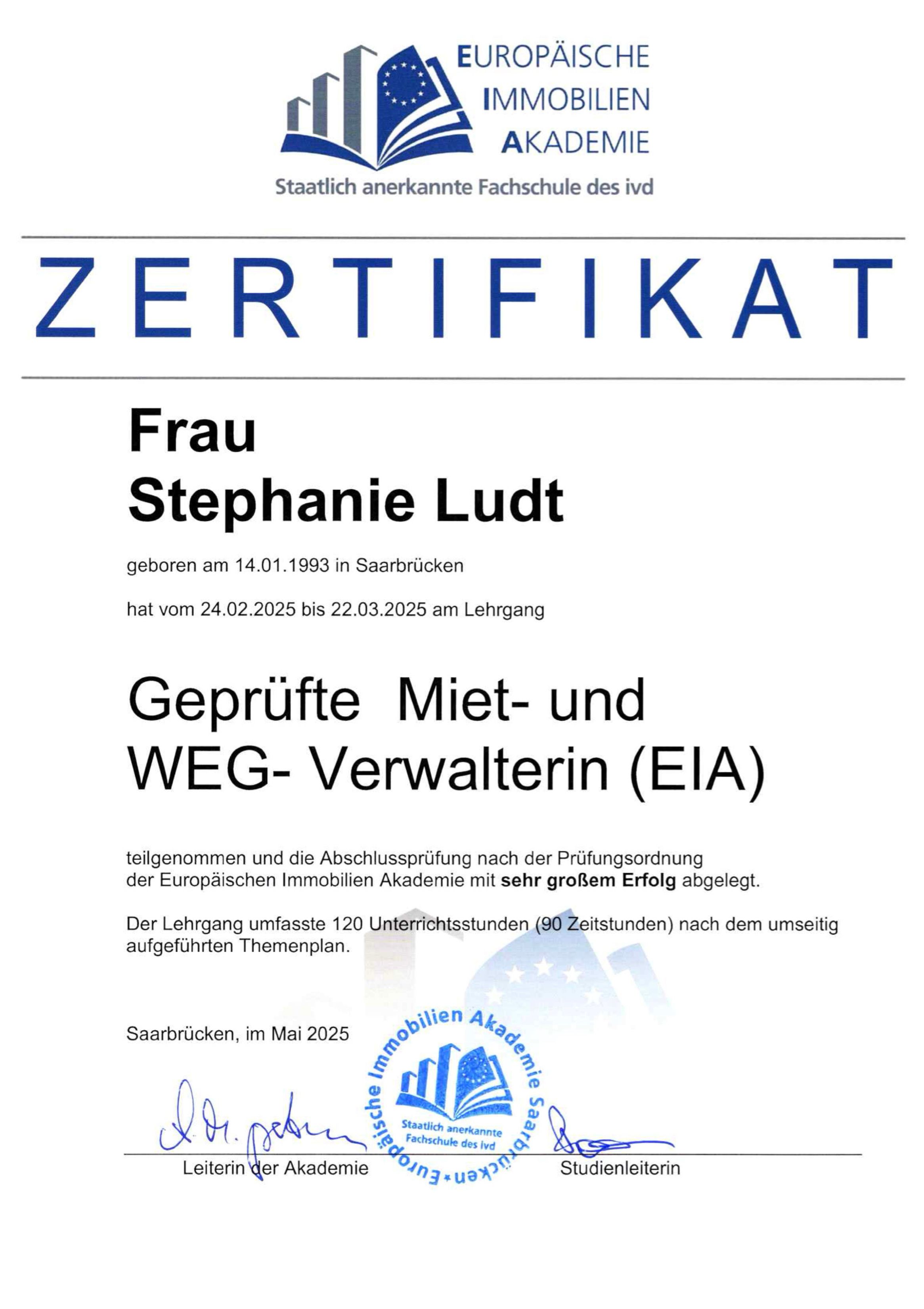 Hausverwalter Saarland - Stephanie Ludt - Zertifikat