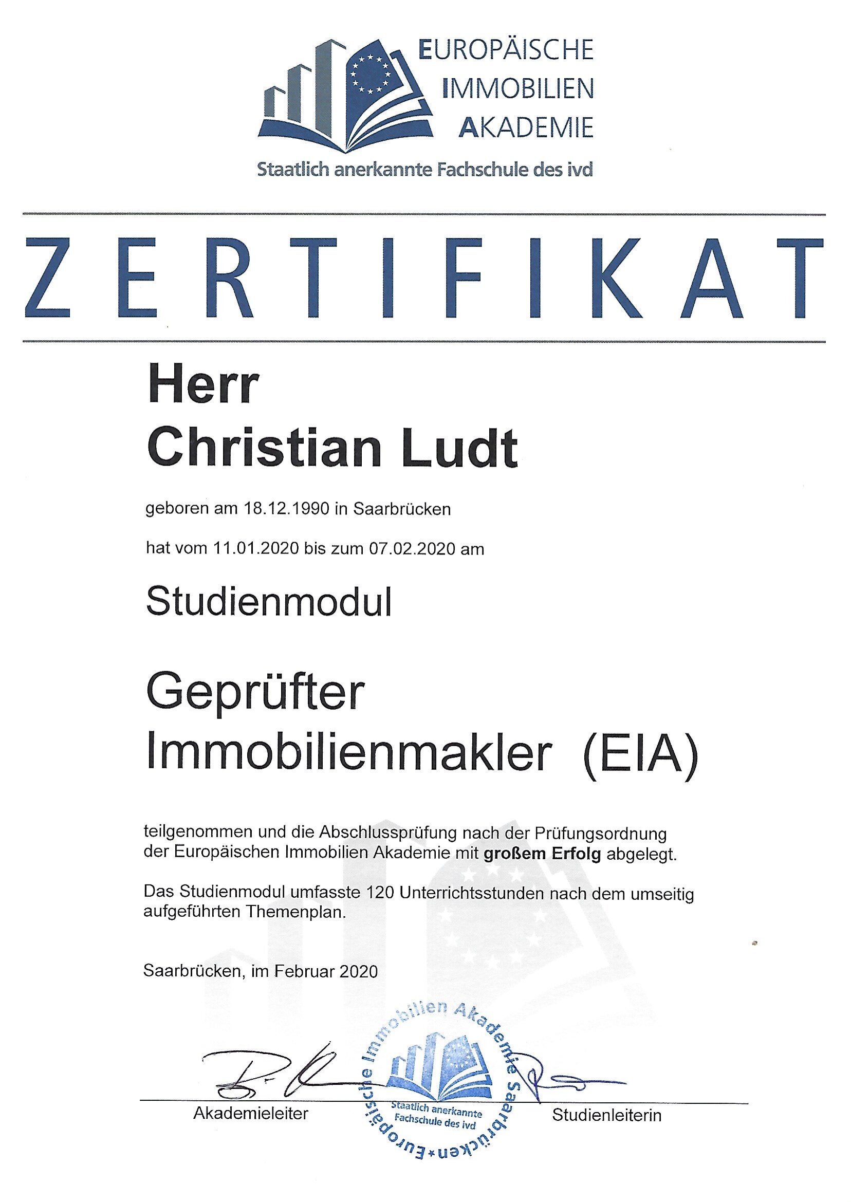 Immobilienmakler Saarland - Zertifikat